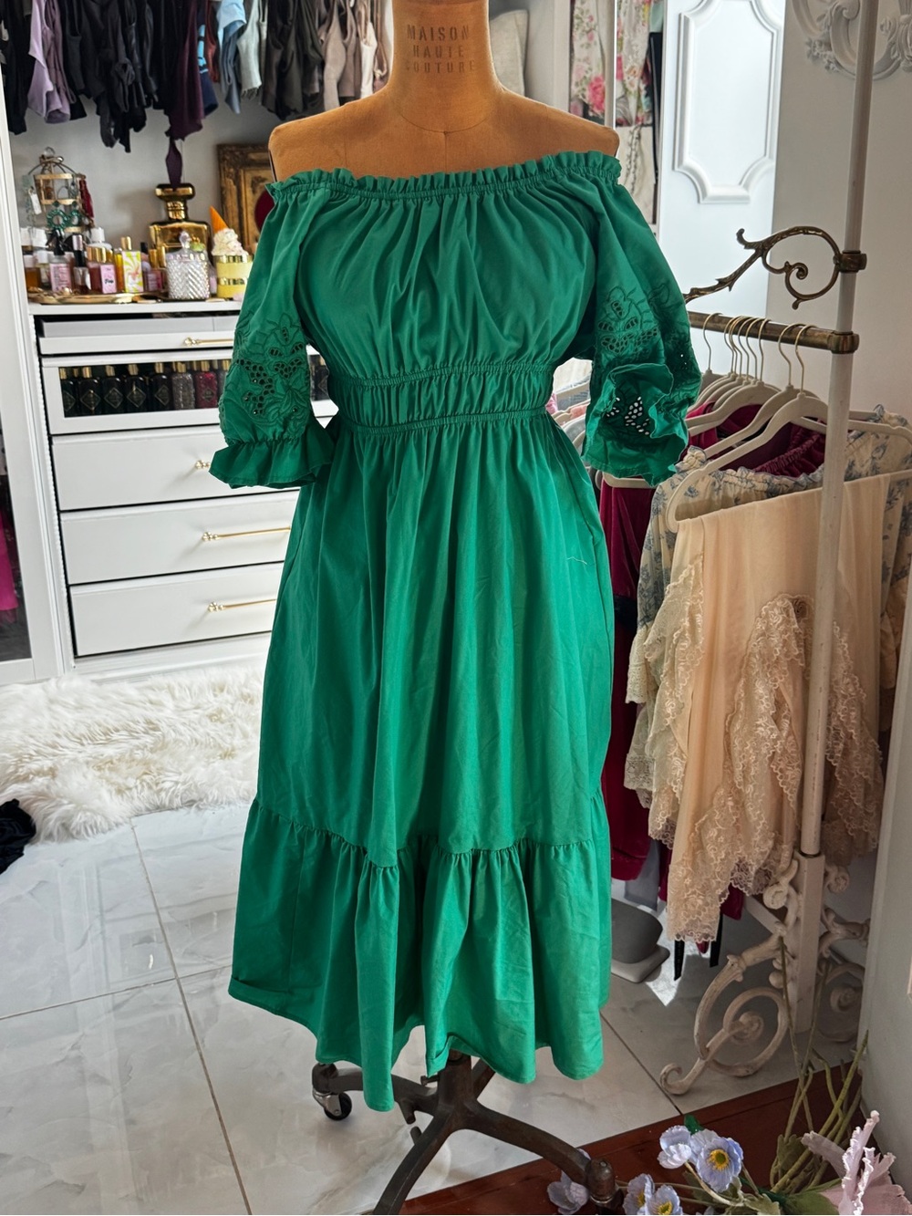 Off-Shoulder Green Midi Dress with Smocked Waist,